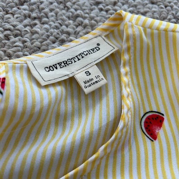 🎀 3 for $25 🎀 Coverstitched Women’s S Yellow Stripe Top Watermelon Summer - Picture 2 of 6